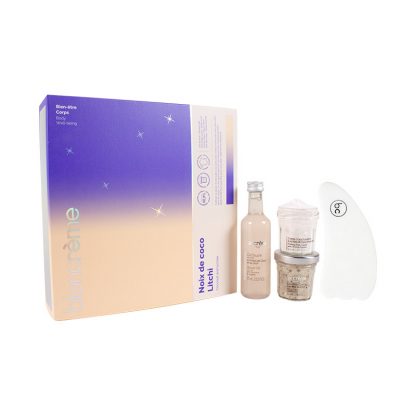 Coffret corps gel douche, gommage crème corps noix de coco litchi et un Gua Sha