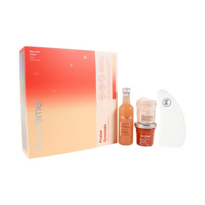 Coffret corps gel douche, gommage crème corps fraise grenade et un Gua Sha