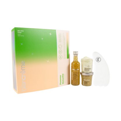 Coffret corps gel douche, gommage crème corps pomme noisette et un Gua Sha