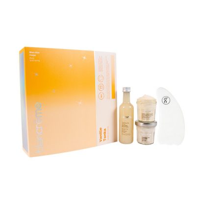 Coffret corps gel douche, gommage crème corps vanille tonka, et un Gua Sha